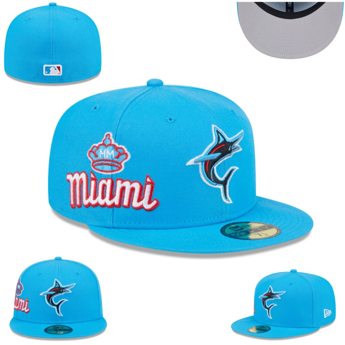 Miami Marlins Crowned Script Hat with Gray Undervisor – Light Blue — view 1