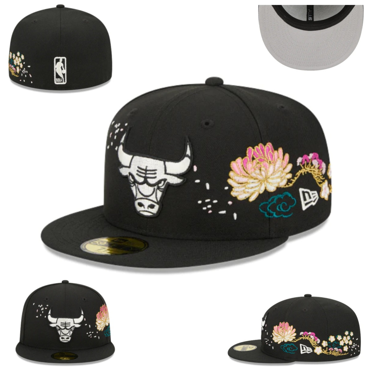 Chicago Bulls Black Cap with Embroidered Floral Artwork — view 1