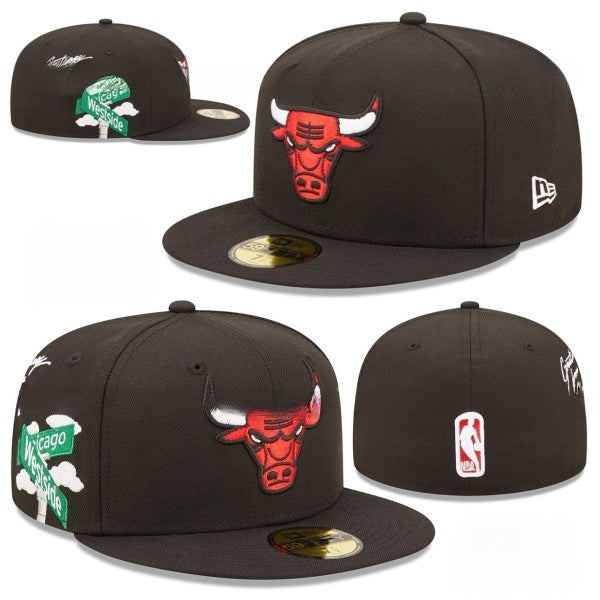 Chicago Bulls Westside Black Fitted Cap with Embroidered Street Sign and Iconic NBA Logo — view 1