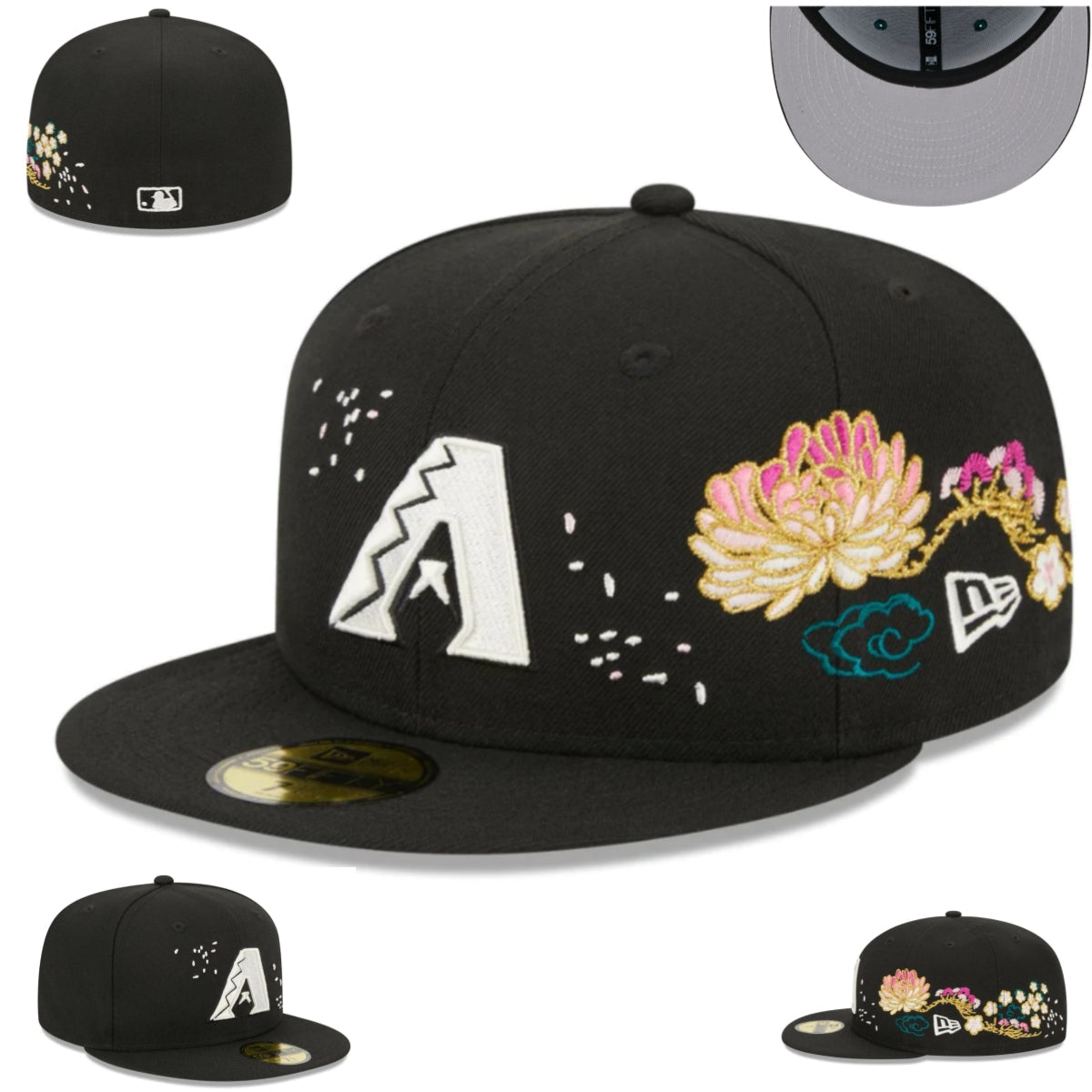 Arizona Diamondbacks Black Fitted Cap with Embroidered Floral and Cloud Design — view 1