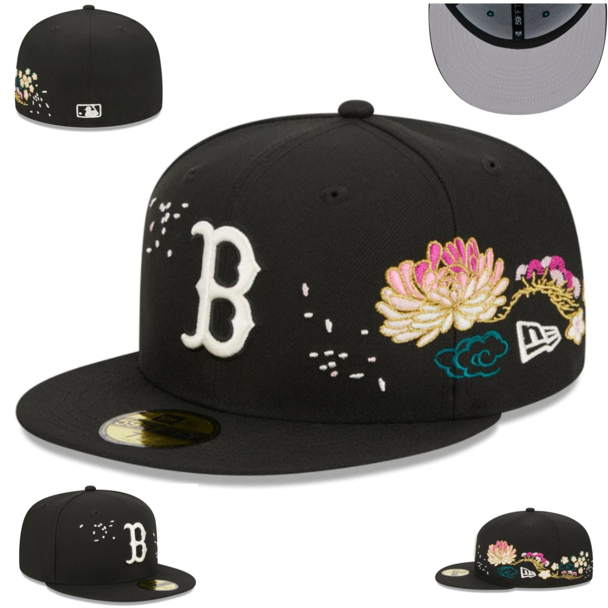 Boston Red Sox Black Floral Embroidered Fitted Cap — view 1