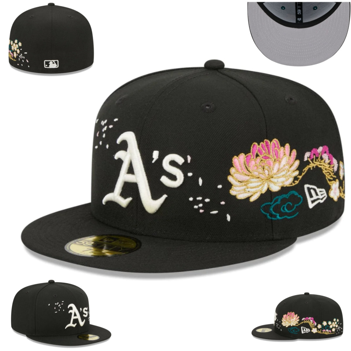 Oakland Athletics Black Floral Embroidered Fitted Cap — view 1