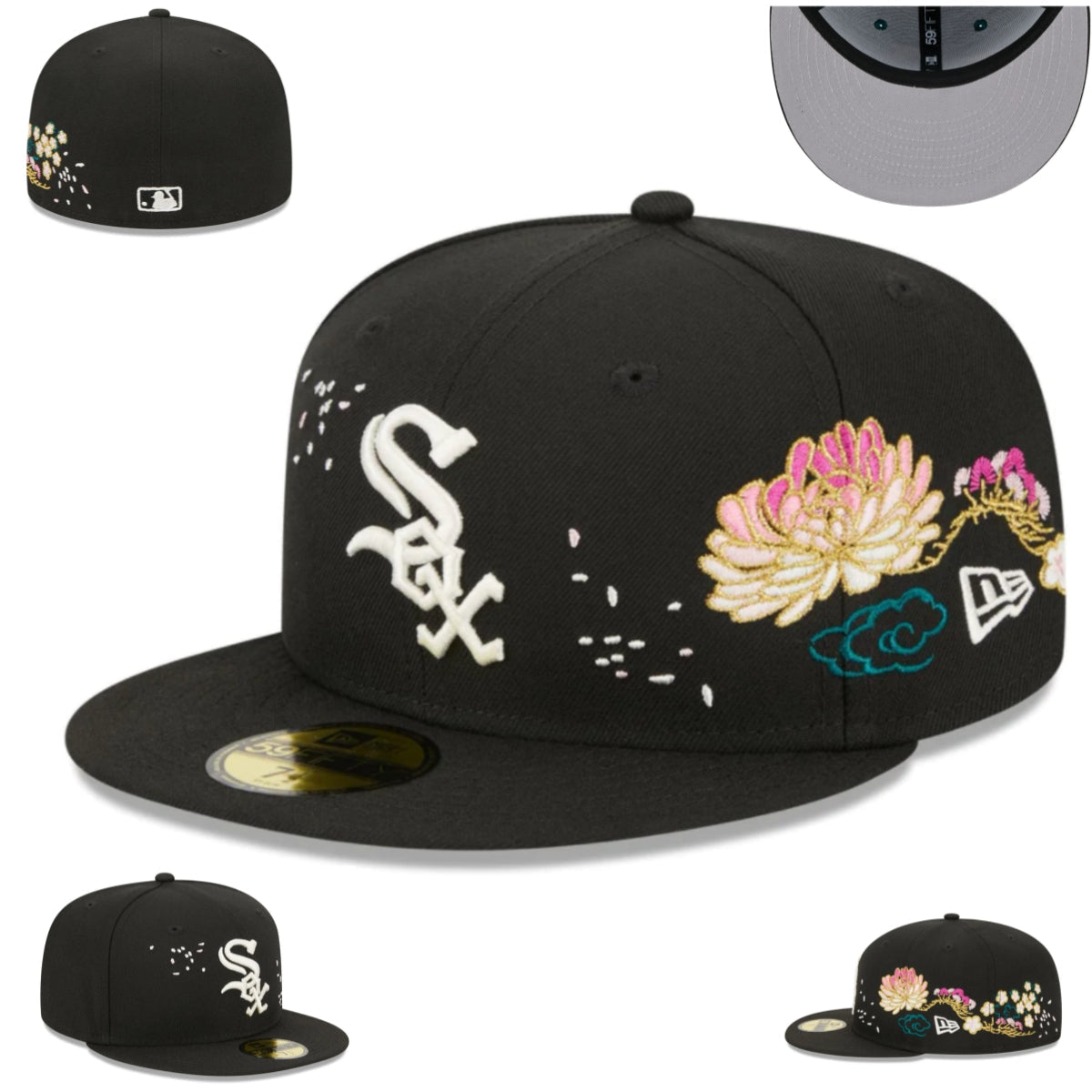 Chicago White Sox Black Floral Embroidered Fitted Cap — view 1