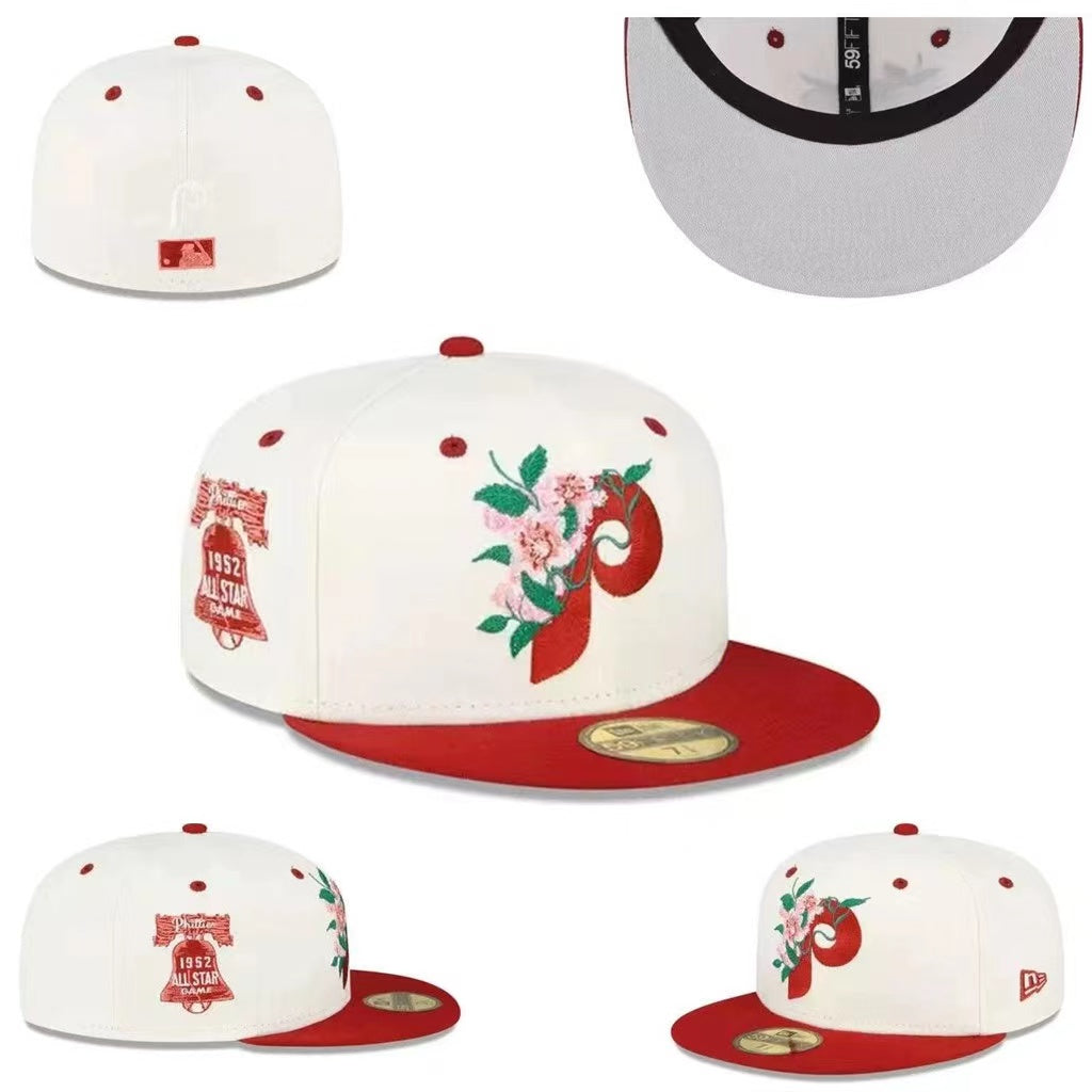 Philadelphia Phillies Floral-Embroidered 1952 All-Star Hat with Red Brim – White — view 1
