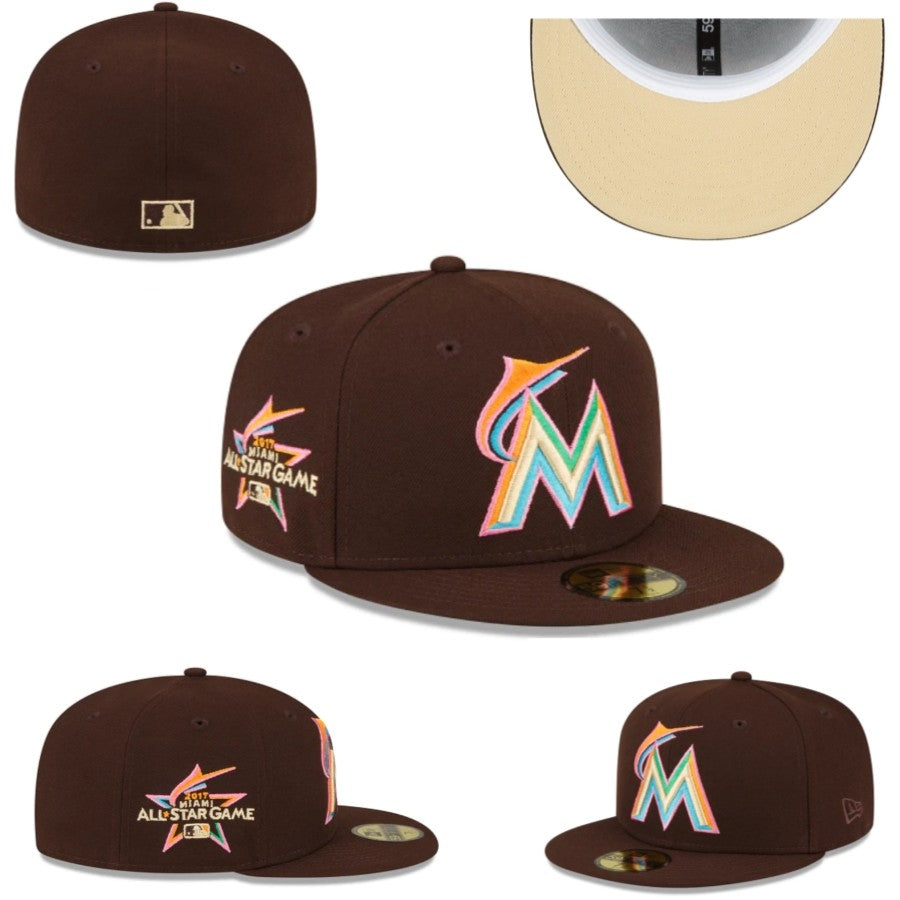 Miami Marlins 2017 All-Star Game Fitted Hat with Tan Underbrim – Brown — view 1