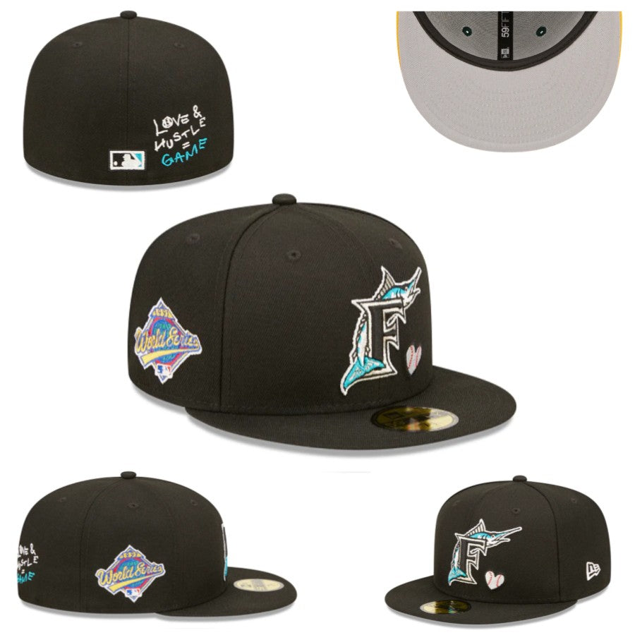 Miami Marlins World Series Fitted Hat with “Love & Hustle Game” Embroidery – Black — view 1