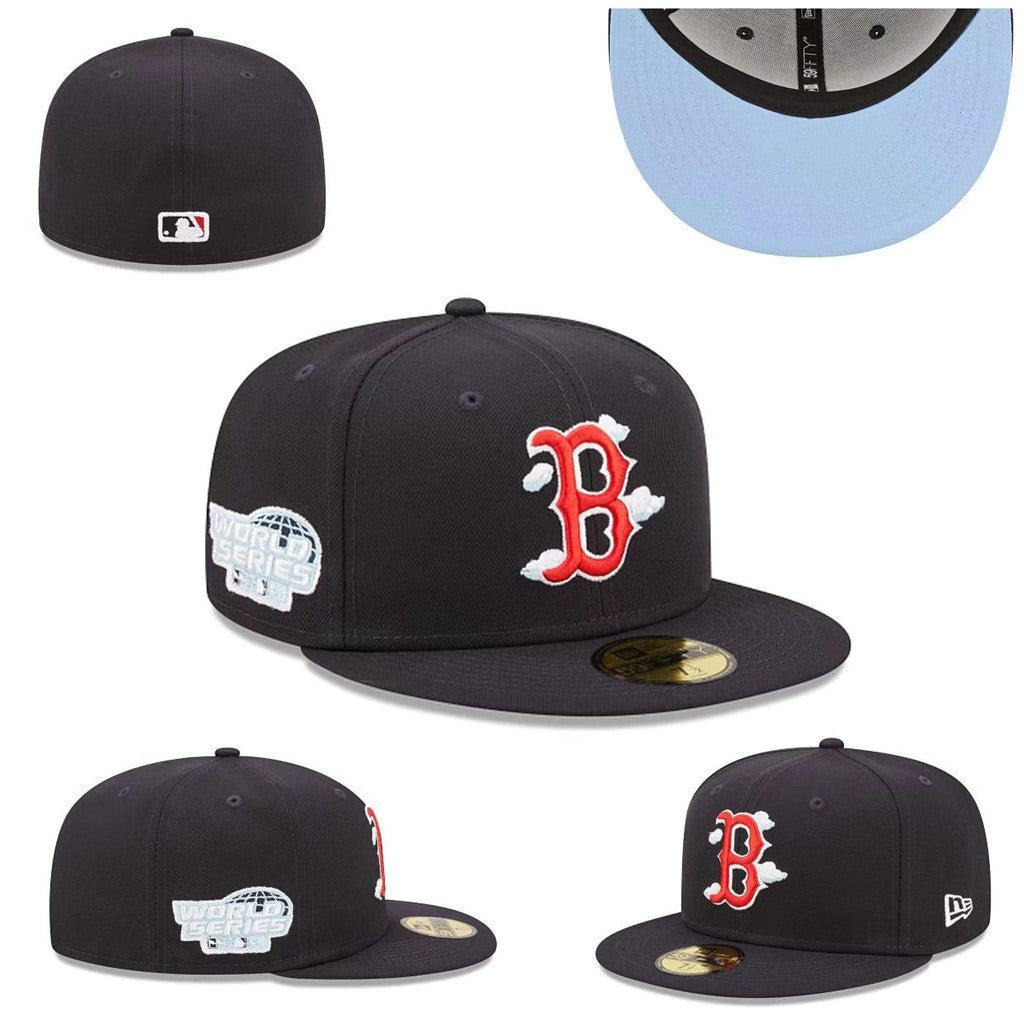 Boston Red Sox World Series Fitted Hat with Light Blue Underbrim and Cloud Detailing – Black — view 1