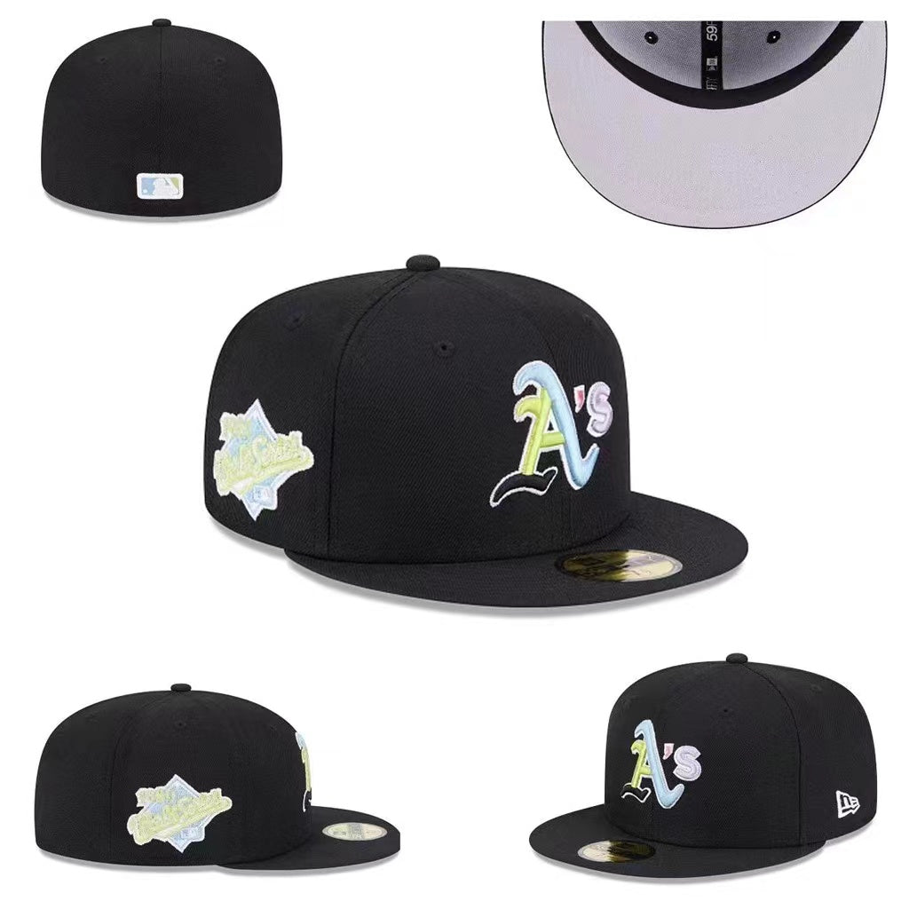 Oakland Athletics Custom Fitted Hat with Pastel Multicolor Logo and Gray Underbrim – Black — view 1