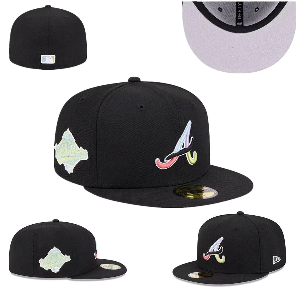 Atlanta Braves Custom Fitted Hat with Pastel Multicolor Logo and Gray Underbrim – Black — view 1