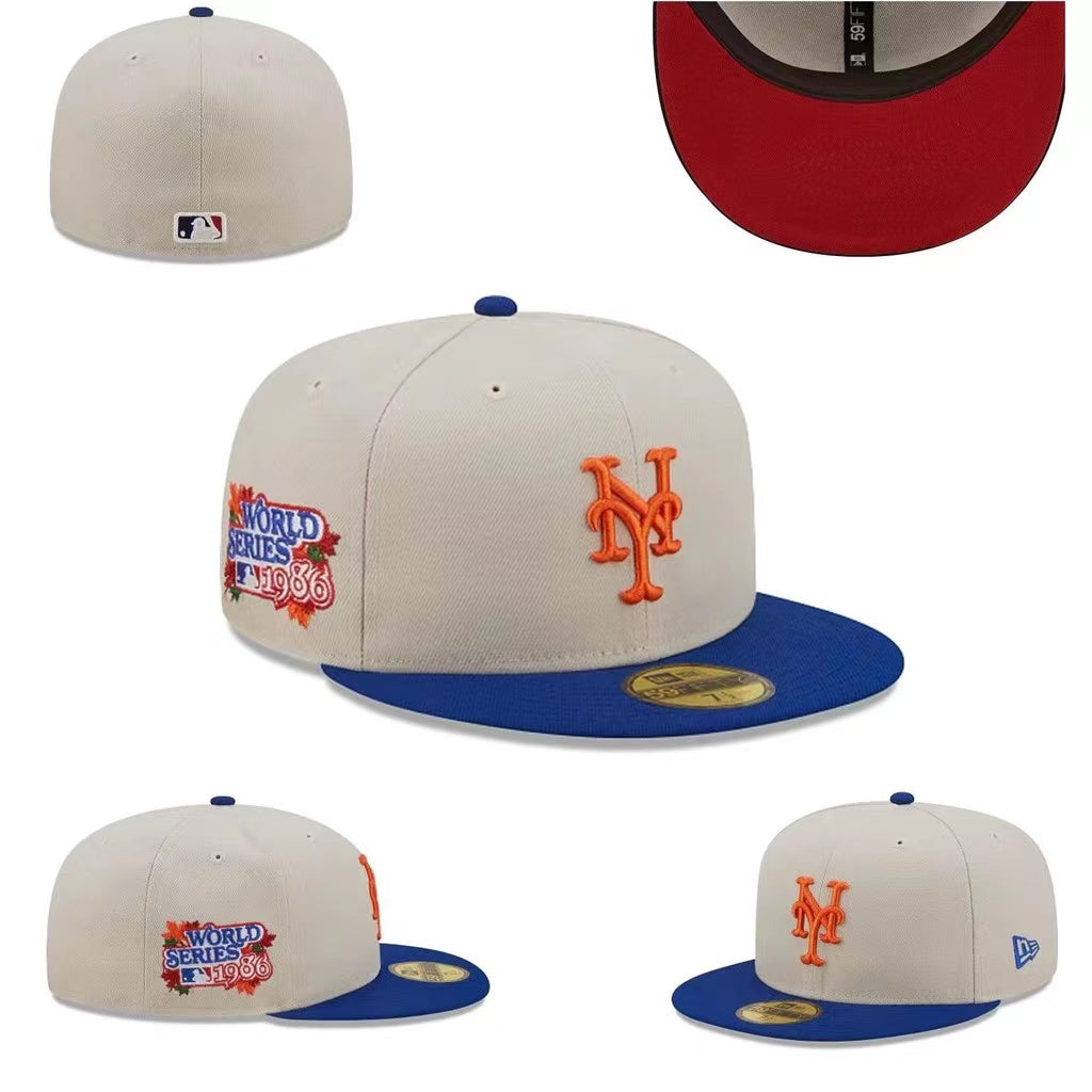 New York Mets 1986 World Series Fitted Hat with Blue Brim and Red Underbrim – Off-White — view 1
