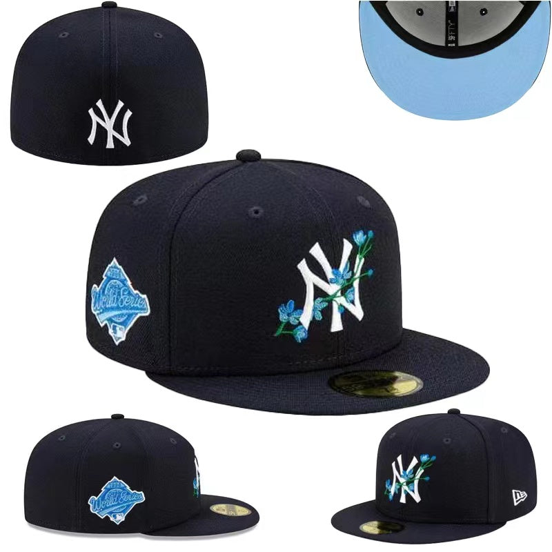 New York Yankees Navy Blue Floral Embroidered World Series Fitted Hat — view 1