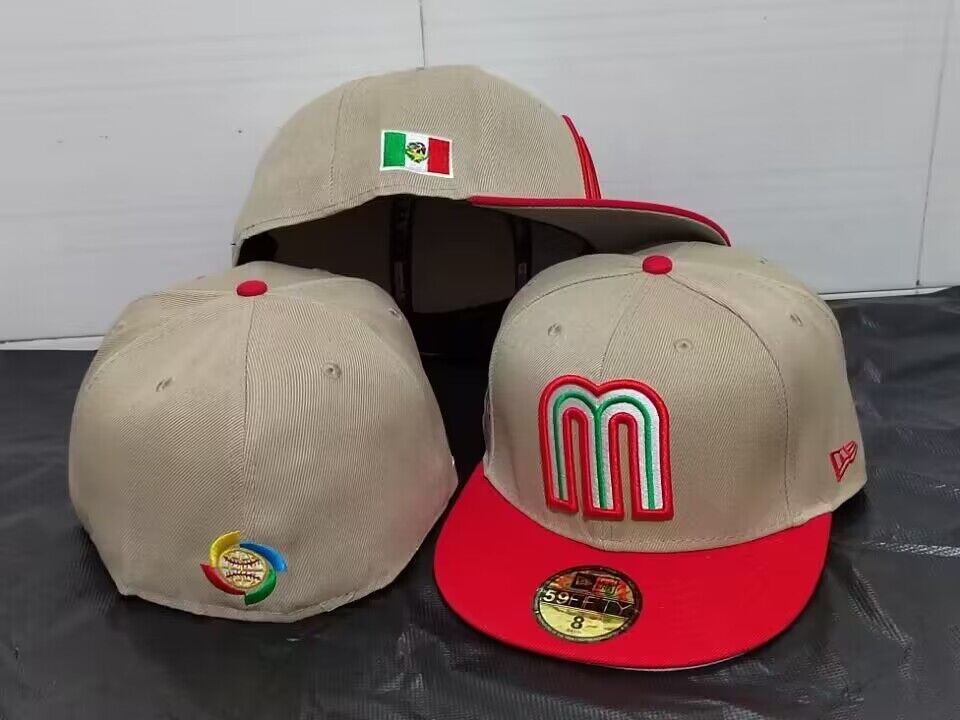 Mexico World Baseball Classic 59FIFTY Fitted Hat – Tan and Red with Flag and WBC Logo — view 1