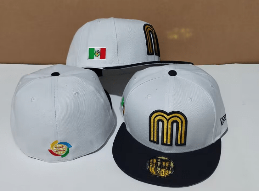 Mexico World Baseball Classic 59FIFTY Fitted Hat – White and Black with Gold “M” Logo — view 1