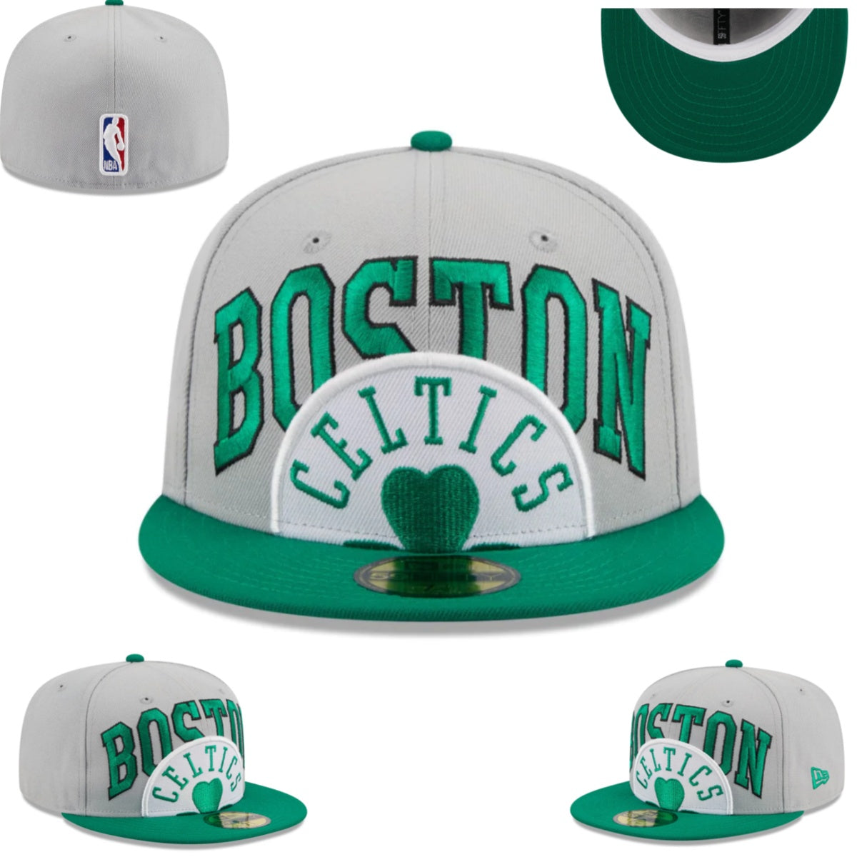 Boston Celtics NBA Snapback Cap with Embroidered Arch Text and Shamrock – Gray and Green — view 1