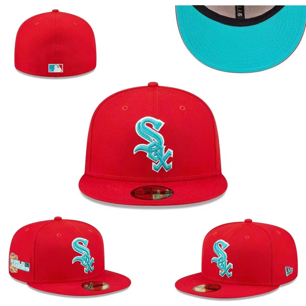 Chicago White Sox Fitted MLB Hat with 2005 World Series Patch and Aqua Accents – Red — view 1