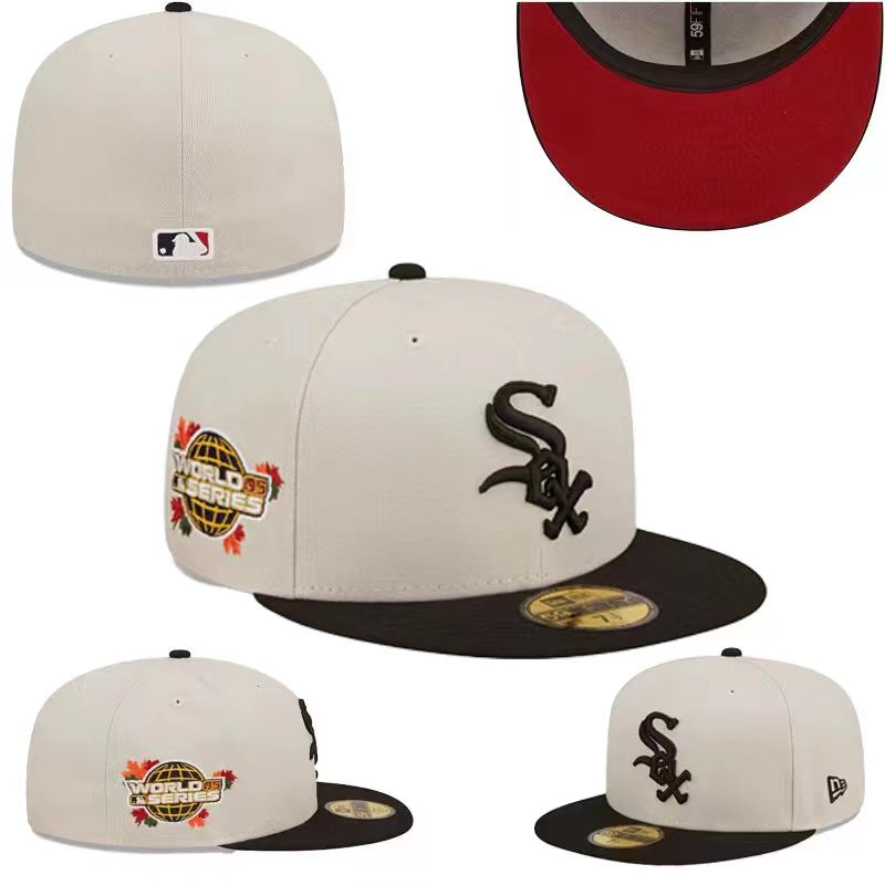 Chicago White Sox Fitted MLB Hat with 2005 World Series Patch and Red Underbrim – Cream and Black — view 1