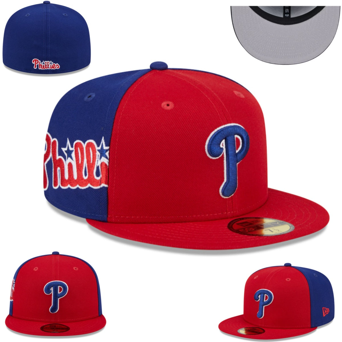 Philadelphia Phillies Two-Tone Fitted MLB Hat with Side Script Logo – Red and Blue — view 1