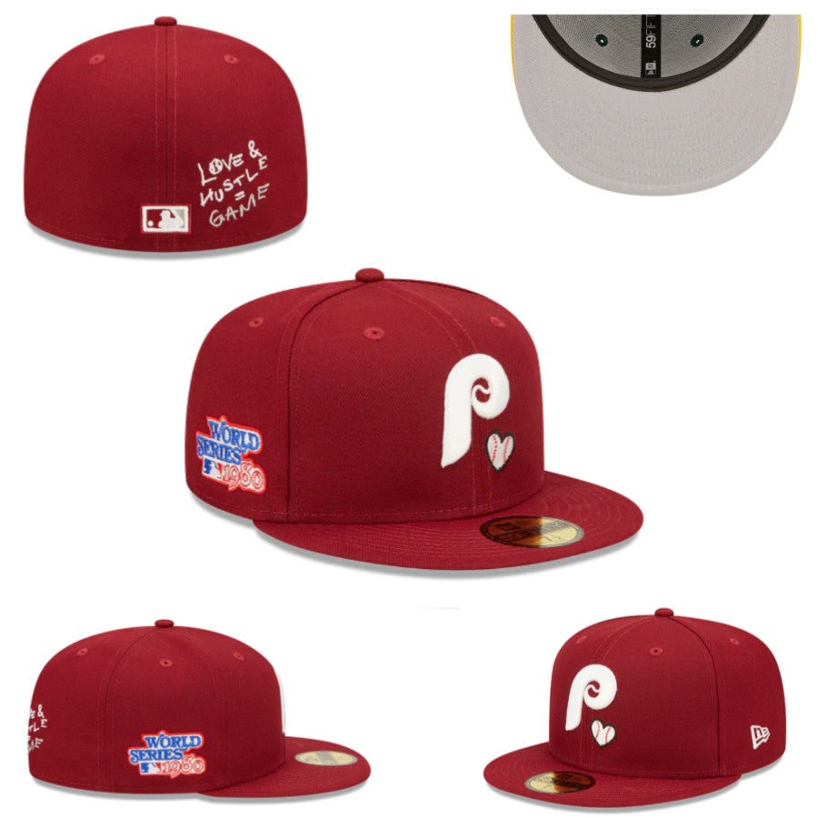 Philadelphia Phillies Fitted MLB Hat with Love & Hustle Detail and World Series Patch – Maroon — view 1