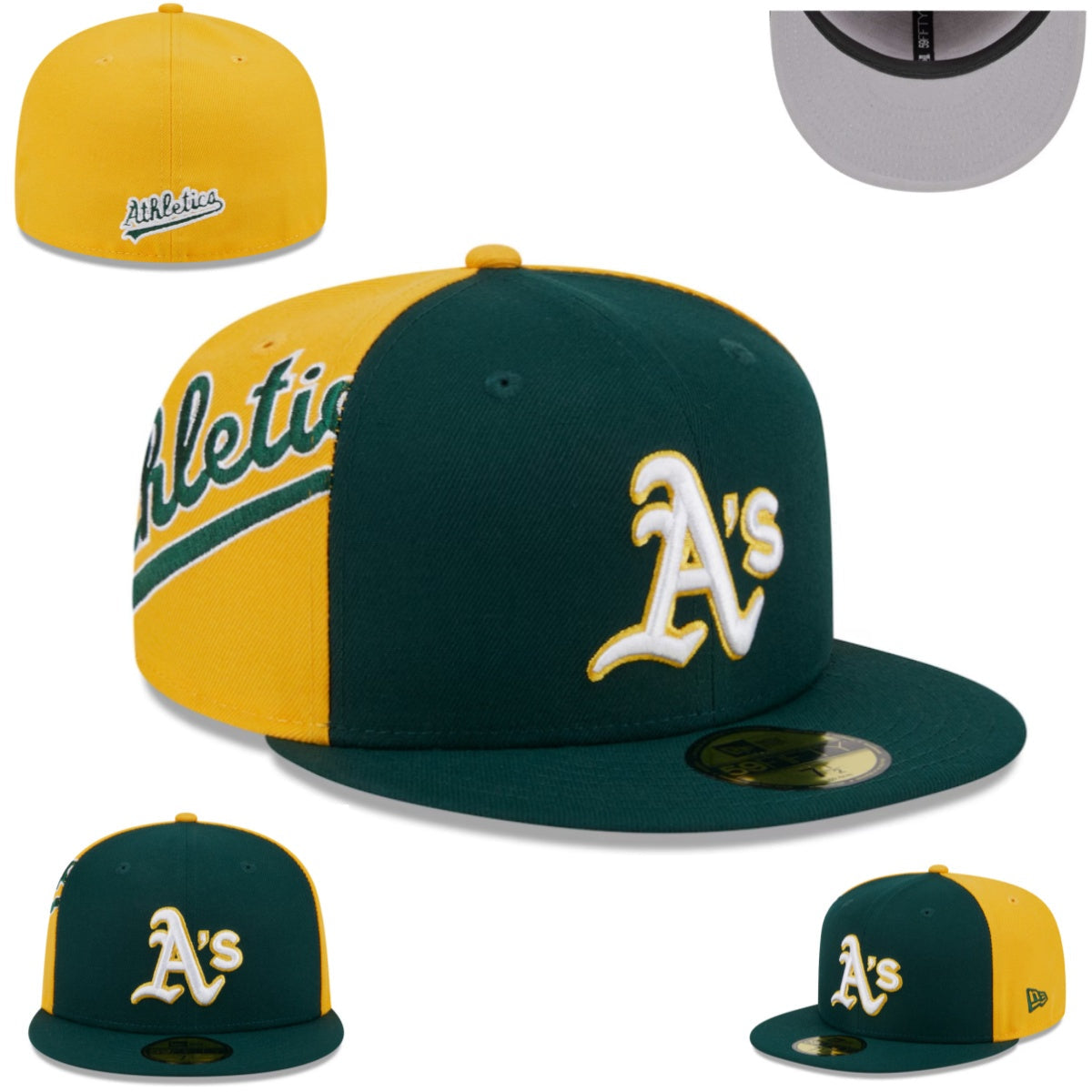 Oakland Athletics Green and Yellow Fitted Hat with Script Side Design — view 1