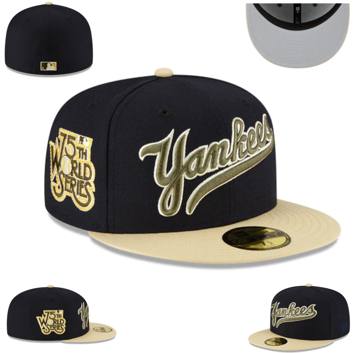 New York Yankees 75th World Series Commemorative Navy and Beige Fitted Hat — view 1