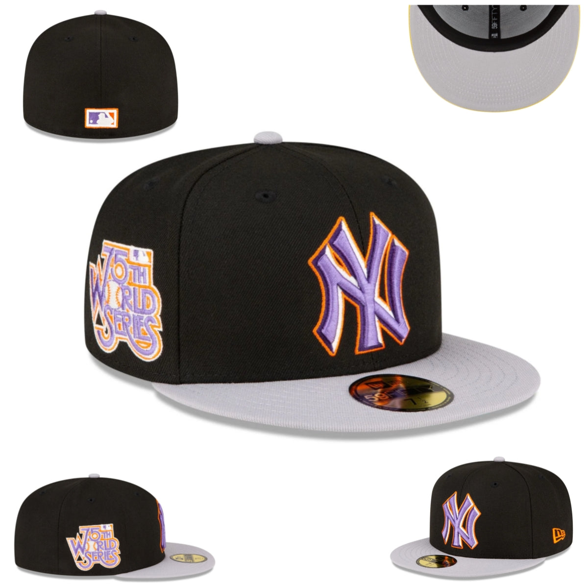 New York Yankees 75th World Series Edition Fitted Hat with Black Crown and Gray Brim — view 1