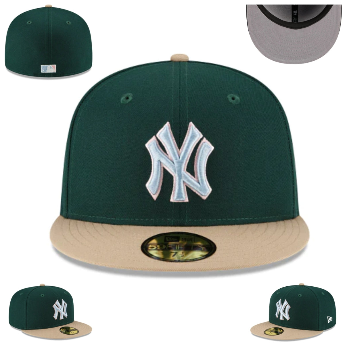 New York Yankees Fitted Cap – Forest Green with Tan Brim and Ice Blue Logo — view 1