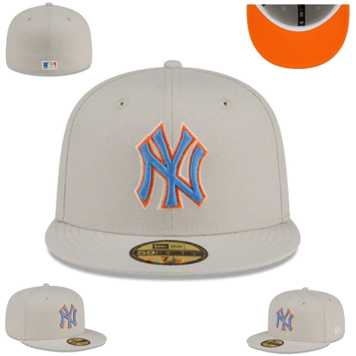 New York Yankees Snapback Hat with Blue and Orange Embroidered Logo – Beige — view 1