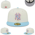 New York Yankees 59FIFTY Fitted Hat with Pink and Blue Logo – Cream with Light Blue Brim — view 1