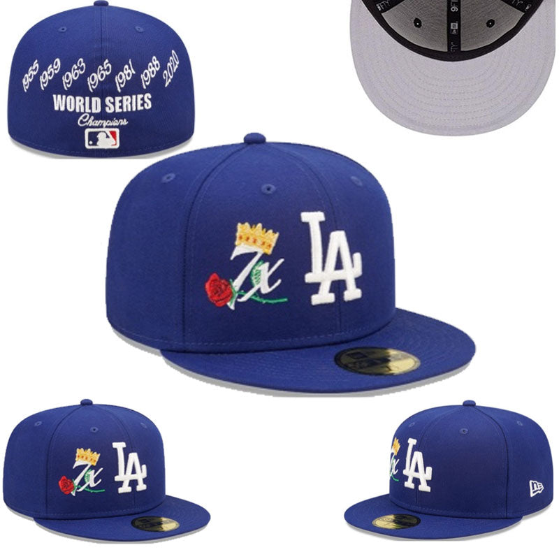 Los Angeles Dodgers Royal Blue Crown and Rose Fitted Cap with World Series Champions Embroidery — view 1