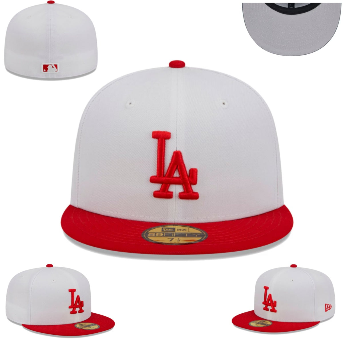 Los Angeles Dodgers White and Red Fitted Cap with Red Logo — view 1