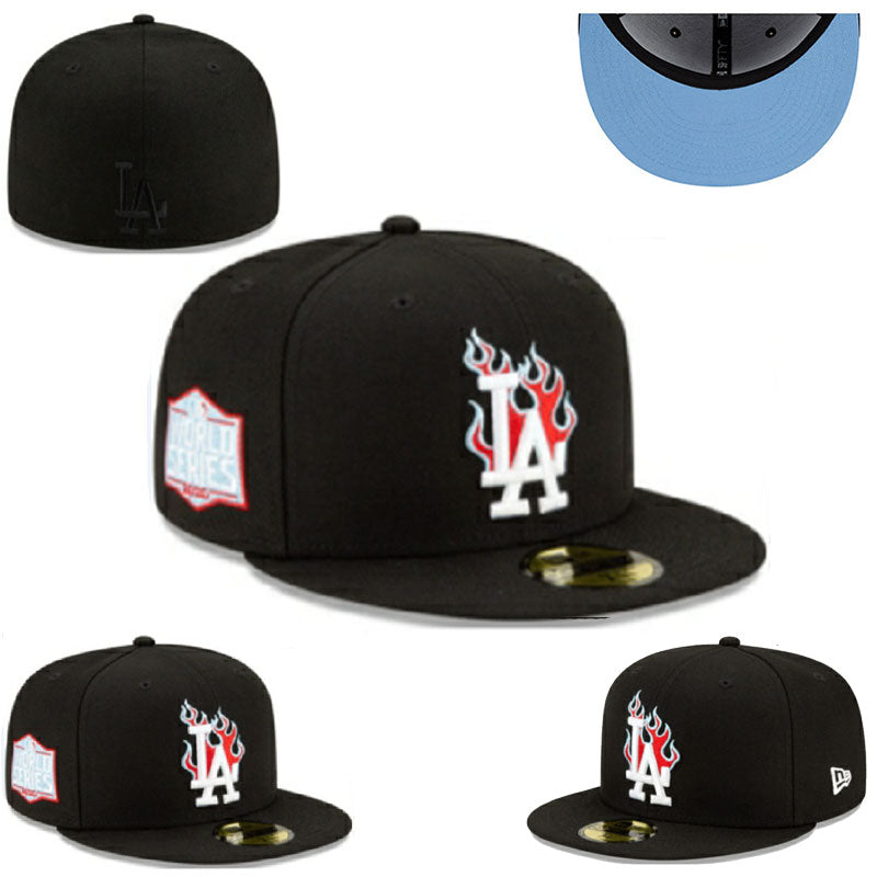 Los Angeles Dodgers “Flaming Logo” Black Fitted Cap with World Series Side Patch — view 1