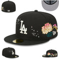 Los Angeles Dodgers Floral Embroidered Black Fitted Hat with Unique Design Elements — view 1