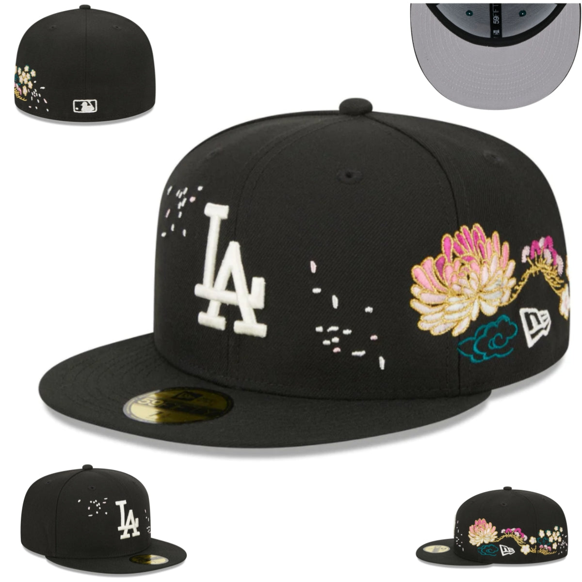 Los Angeles Dodgers Floral Embroidered Black Fitted Hat with Unique Design Elements — view 1