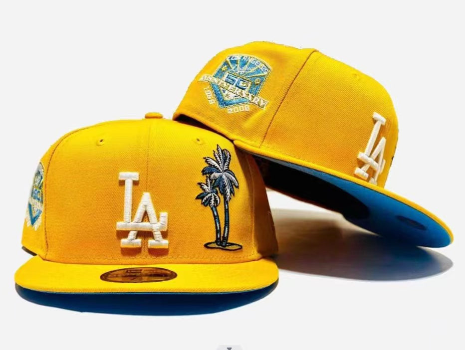 Los Angeles Dodgers 50th Anniversary Yellow Fitted Hat with Palm Tree Embroidery and Blue Undervisor — view 1