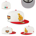 Los Angeles Dodgers White and Red Fitted Hat with Yellow LA Logo and 2020 World Series — view 1