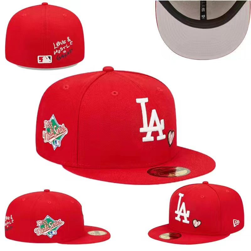 Los Angeles Dodgers Red Fitted Hat with 1959 World Series Patch and “Love & Hustle” Embroidery — view 1