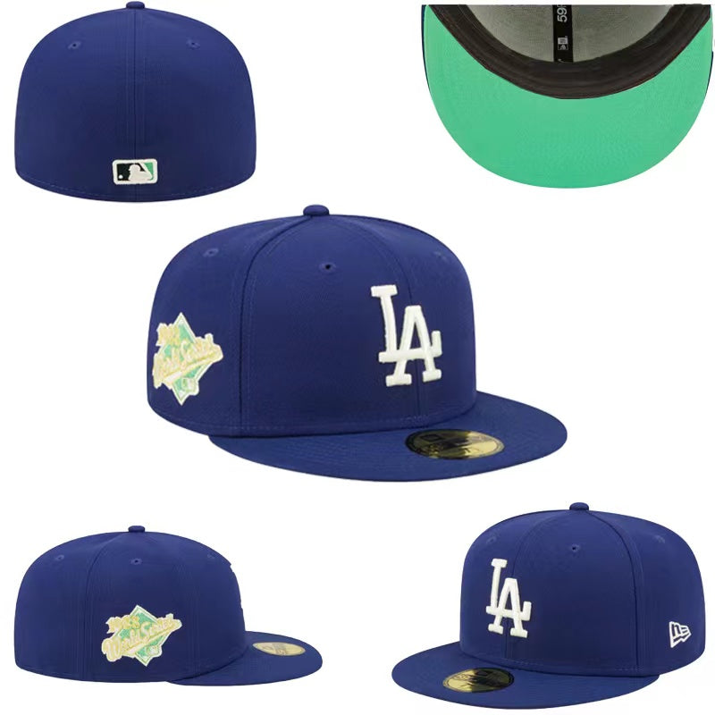Los Angeles Dodgers Royal Blue Fitted Hat with 1988 World Series Patch and Mint Green Undervisor — view 1