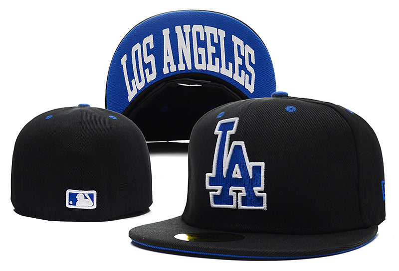 Los Angeles Dodgers Black Fitted Hat with Blue LA Logo and Undervisor Text — view 1