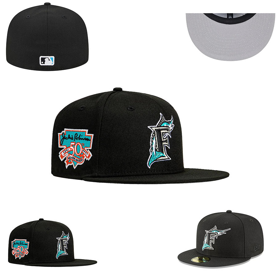 Miami Marlins Black Fitted Cap with Commemorative 50th Anniversary Patch and Teal Logo — view 1