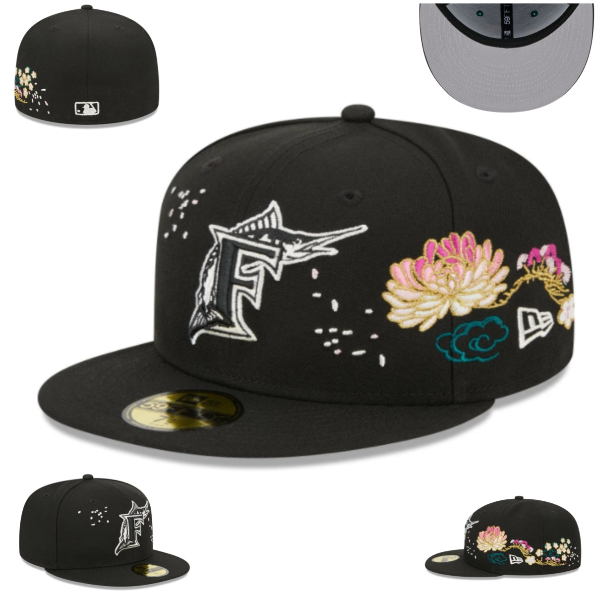 Miami Marlins Floral Embroidered Black Fitted Cap with Iconic Logo — view 1