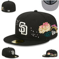 San Diego Padres Floral Embroidered Black Fitted Hat — view 1