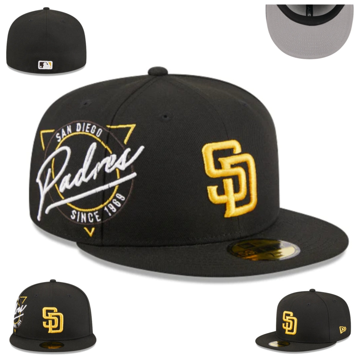 San Diego Padres Black and Gold Fitted Hat with Signature Design — view 1