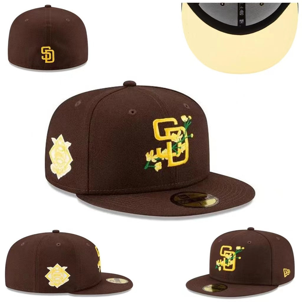 San Diego Padres Brown Fitted Hat with Floral Embroidery and Team Patches — view 1