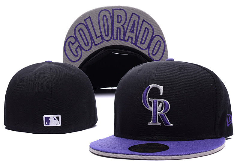 Colorado Rockies Black and Purple Fitted Hat with Underbill Colorado Text — view 1