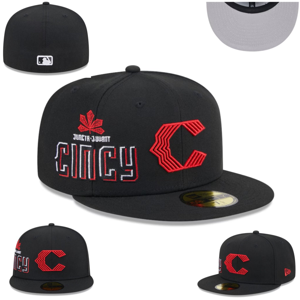 Cincinnati Reds “Cincy” Black Fitted Hat with Embroidered Red C and Leaf Design — view 1