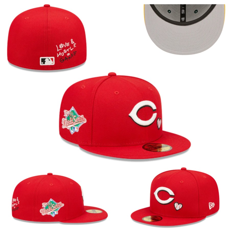Cincinnati Reds “Love & Hustle” Red Fitted Hat with World Series Patch — view 1