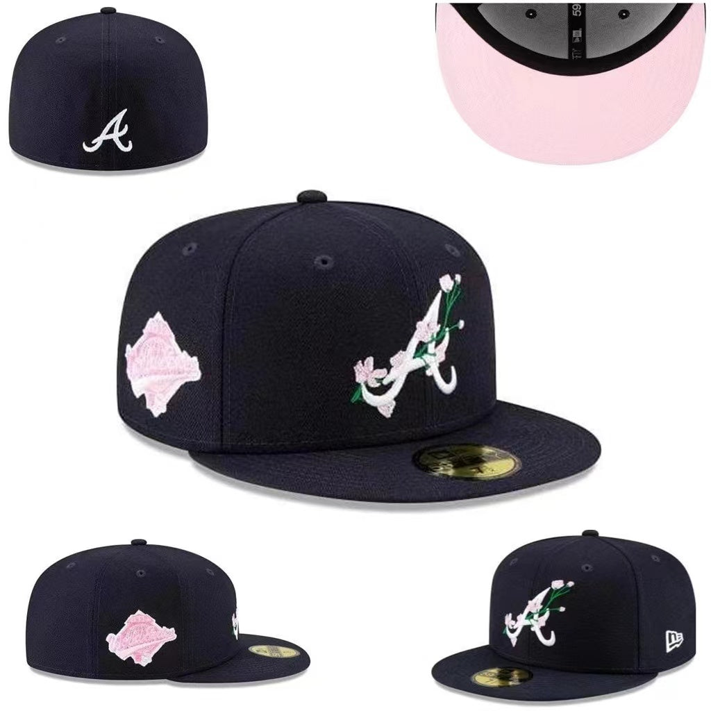 Atlanta Braves Floral Embroidered Fitted Hat – Pink and Navy Edition — view 1