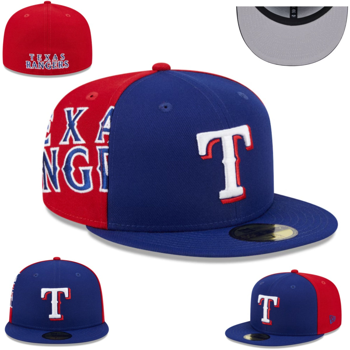 Texas Rangers Split-Panel Fitted Hat with Oversized Logo – Blue and Red — view 1