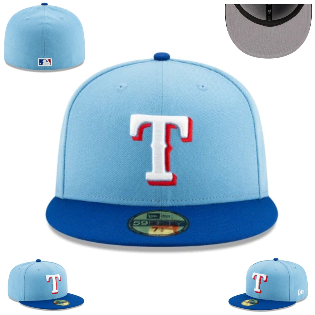 Texas Rangers Sky Blue and Royal Blue Fitted Hat with Iconic Logo — view 1