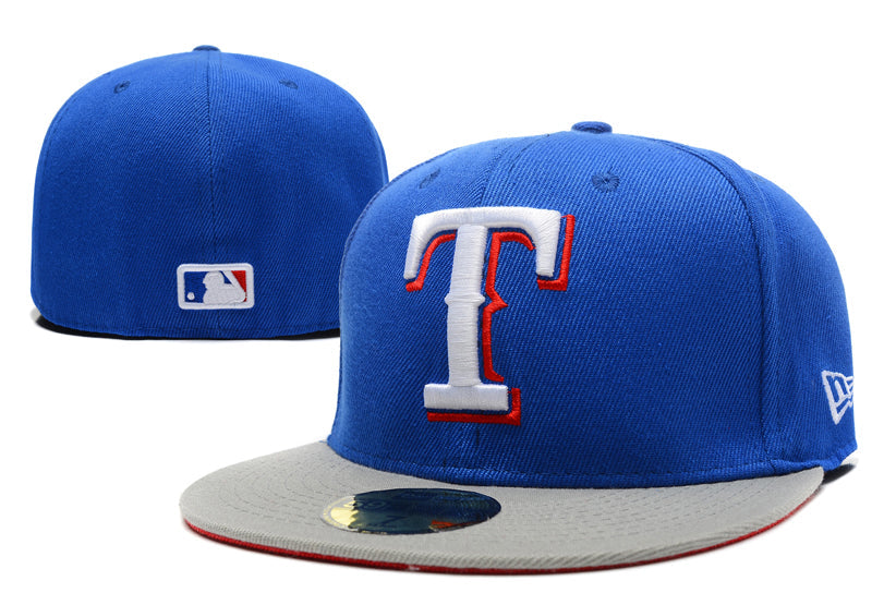 Texas Rangers Royal Blue Fitted Hat with Gray Brim and Team Logo — view 1